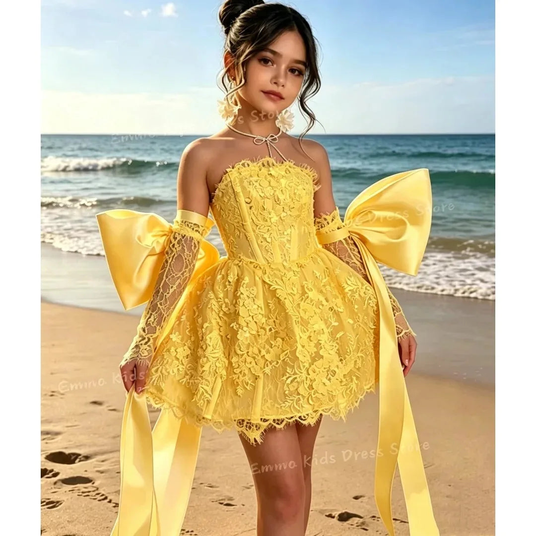Custom Flower Girl Dress White Tulle Wedding Floral Appliqué Multi-layer Sleeveless Dress