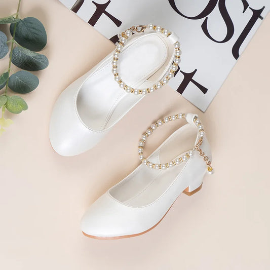 Girls' High-heeled Leather Shoes Spring Children's High-heeled Middle-aged Kid's White Wedding Host Show Princess Dress Shoes