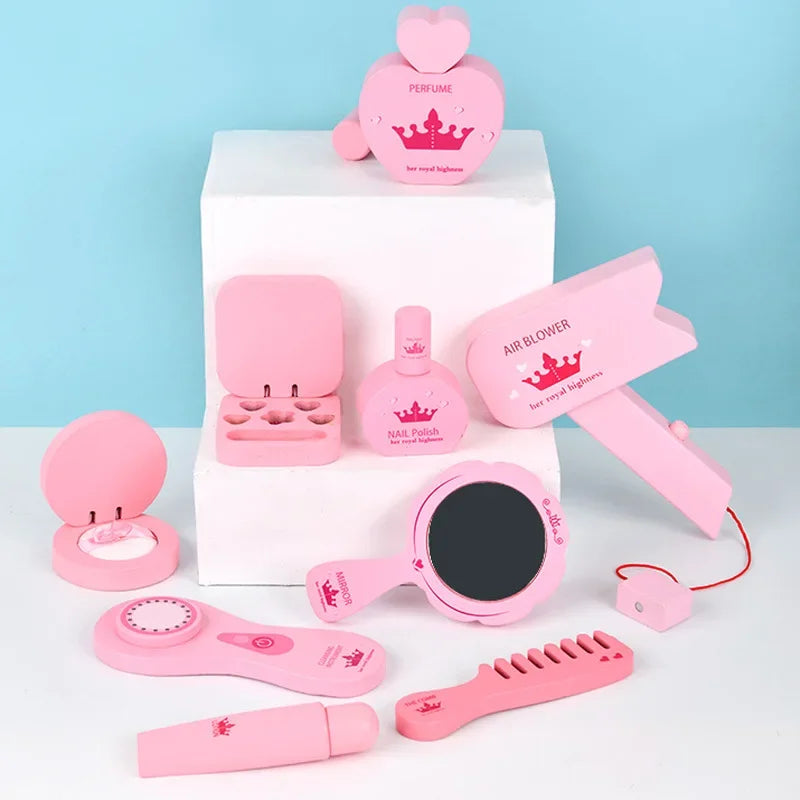 New Wooden Girls Makeup Set Pink Make Up Bag Toy Wood Simulation Cosmetic Handbag Pretend Play Toys For Girl Gifts Pretend Play
