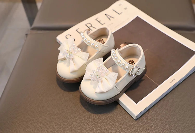 Baby Girl Leather Shoes Kids Bow Pearl Princess Shoes Shallow Soft Sole Cute First Walkers Infant Toddler Cartoon Single Shoes