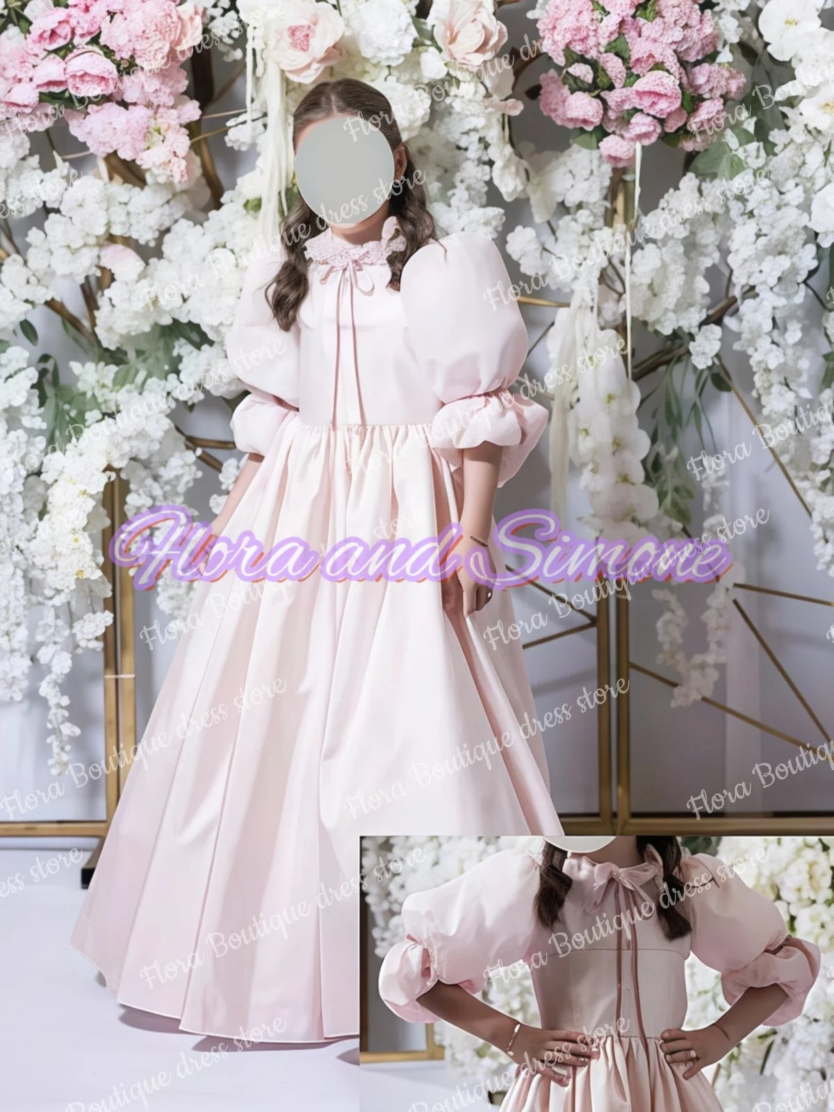 Girl Gowns Half Sleeves Ribbon Pink Satin Flower Girl Dress for Wedding Ceremonies