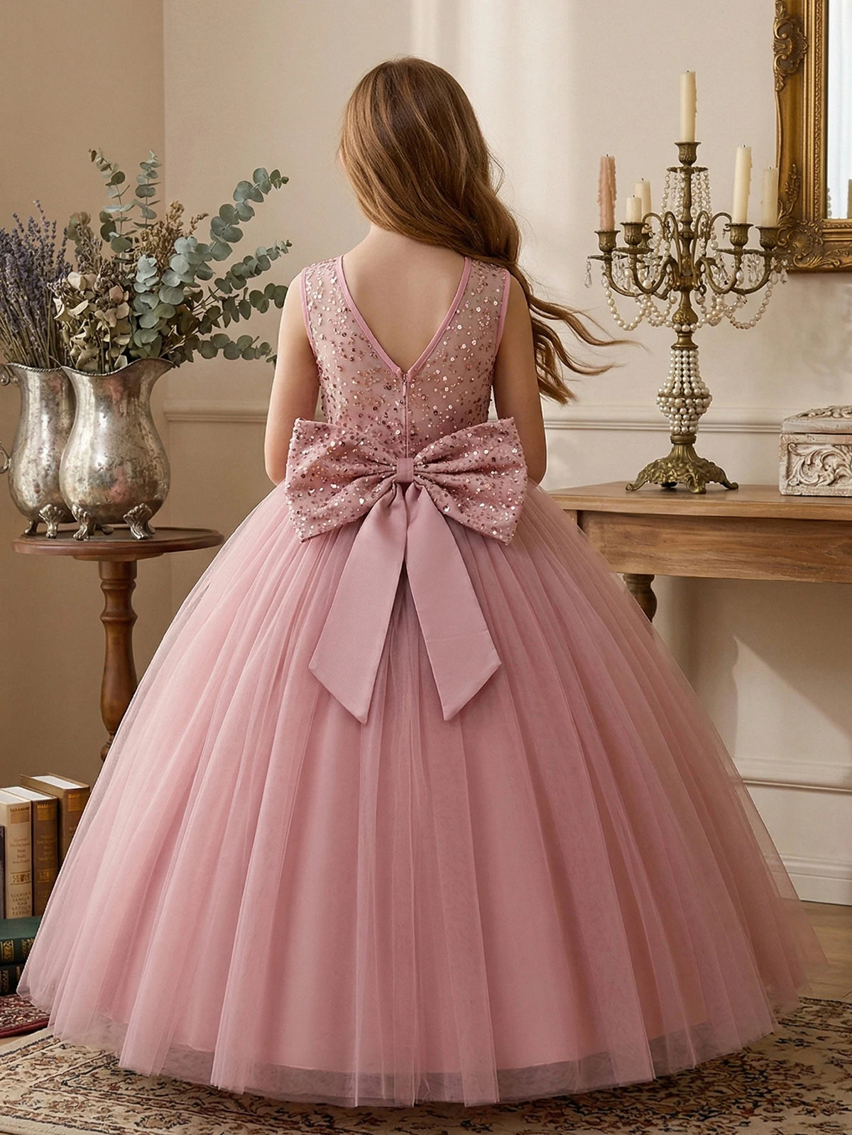 Girl Party Dress Pink Long-style Evening Dress with Large Bow V-neck A Magnificent Evening Dress, Birthday Party, Ball, Banquet