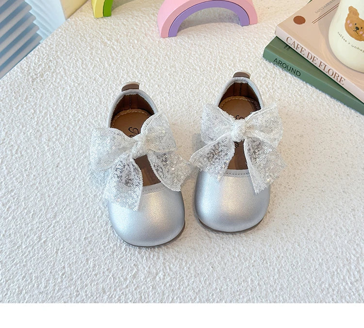 Girls Dance Performance Shoes Black Kids Princess Shoes Mesh Lace Bow 2025 New Girls Flat Shoes Round Toes Elegant Ins Trendy