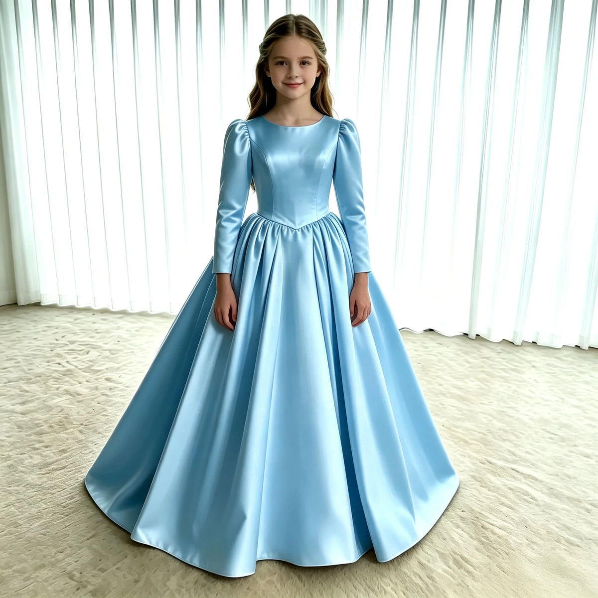 Girls First Communion Dress New Long Sleeves Satin Elegant Tail Evening Gown Girls Wedding Party Princess Dress for Juniors