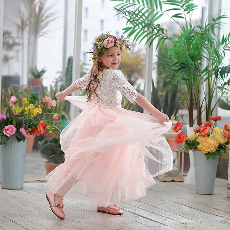Children Set Clothing for Girls Half Sleeve Lace Top+Champagne Pink Long Skirt dress