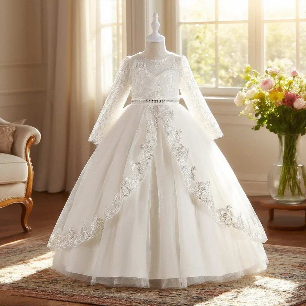 Kids white long sleeve lace elegant girls princess dress