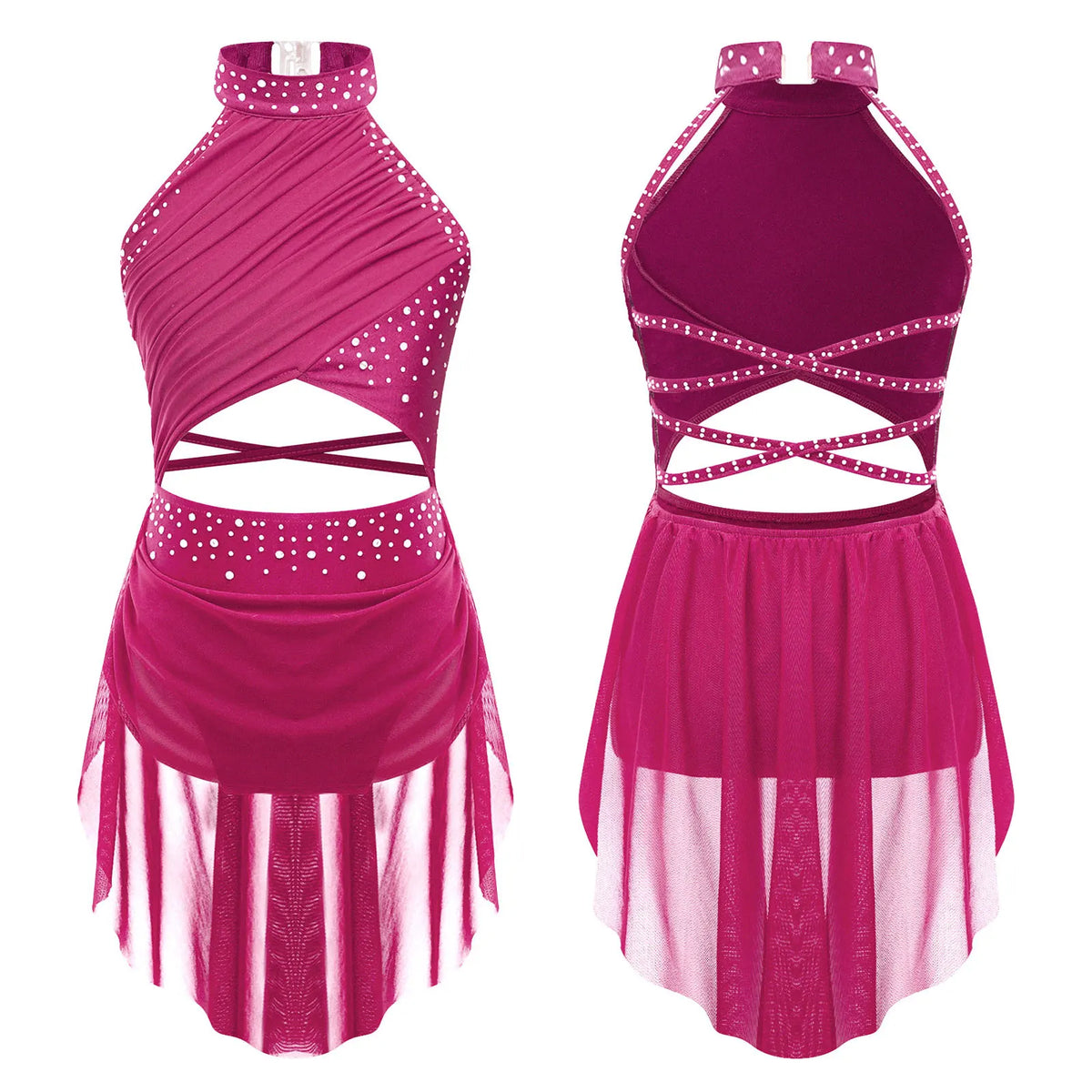 Girls Modern Lyrical Jazz Dance Dress Ballet Gymnastics Skating Performance Costume Kids Cut Out Dancing Leotard Tutu Skirted