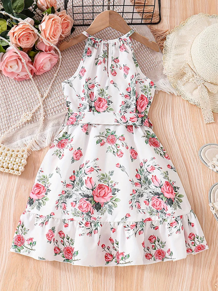 Girls' Summer Romantic Floral Pattern Spliced Dress