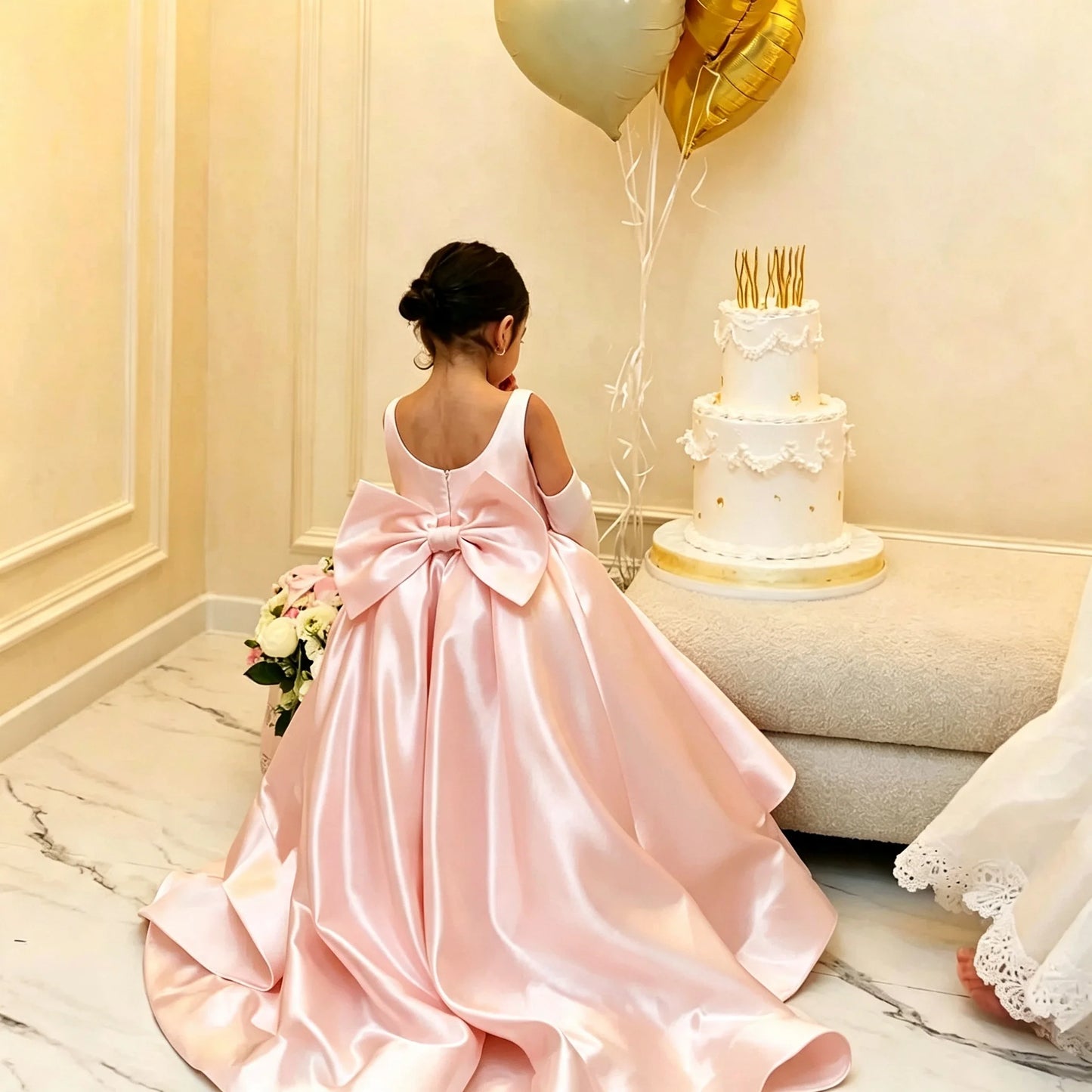 Flower Girl Dress White Satin A-Line Bow Back Long Train Flower Girl Gown Toddler Wedding Pageant Events Customized Wholesale