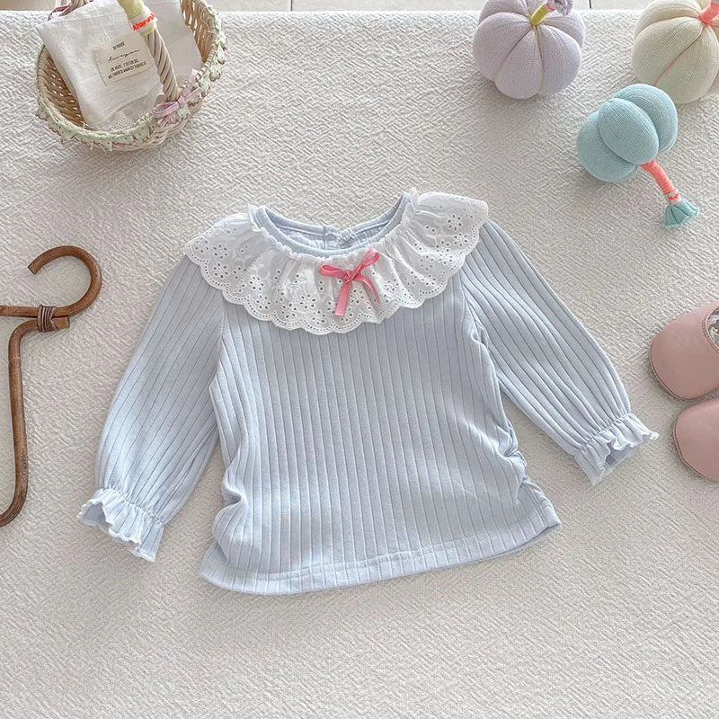 Alice Collar Ribbed Sweet Bowtie Frilly Neck Top