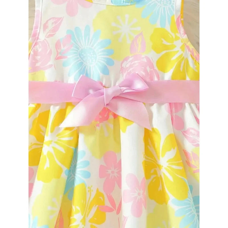 Baby Girl's Floral Print round Neck Sleeveless Dress with Pink Bow Waistband Sweet Cute Summer Casual Daily Outfit