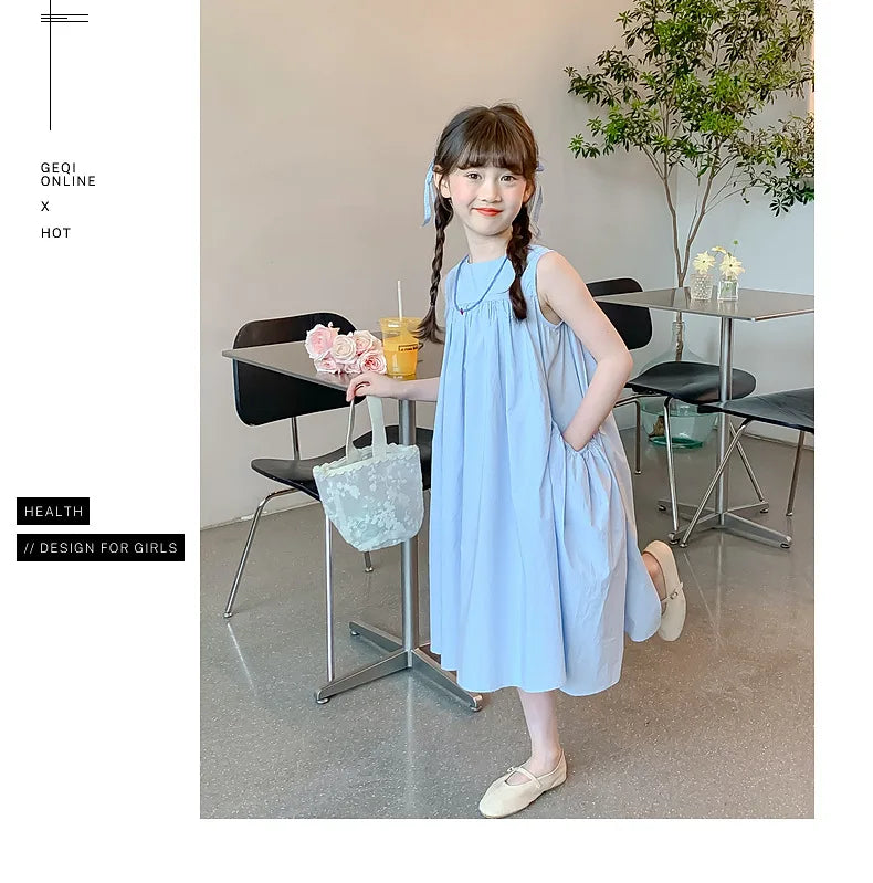 Ana Summer Junior Girl Sleeveless Dress Solid Side Cotton Dress