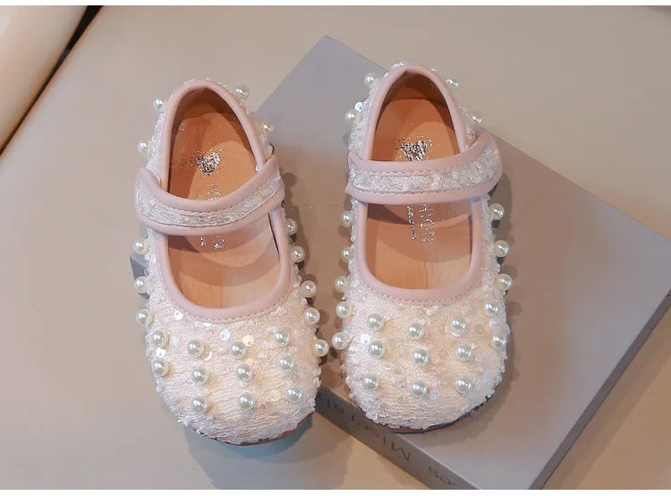 Girls Dance Shoes Elegant Round Toes Kids Flat Shoes Non-slip Soft Sole 2025 New Girls Princess Shoes with Sweet Pearl Ins Trend