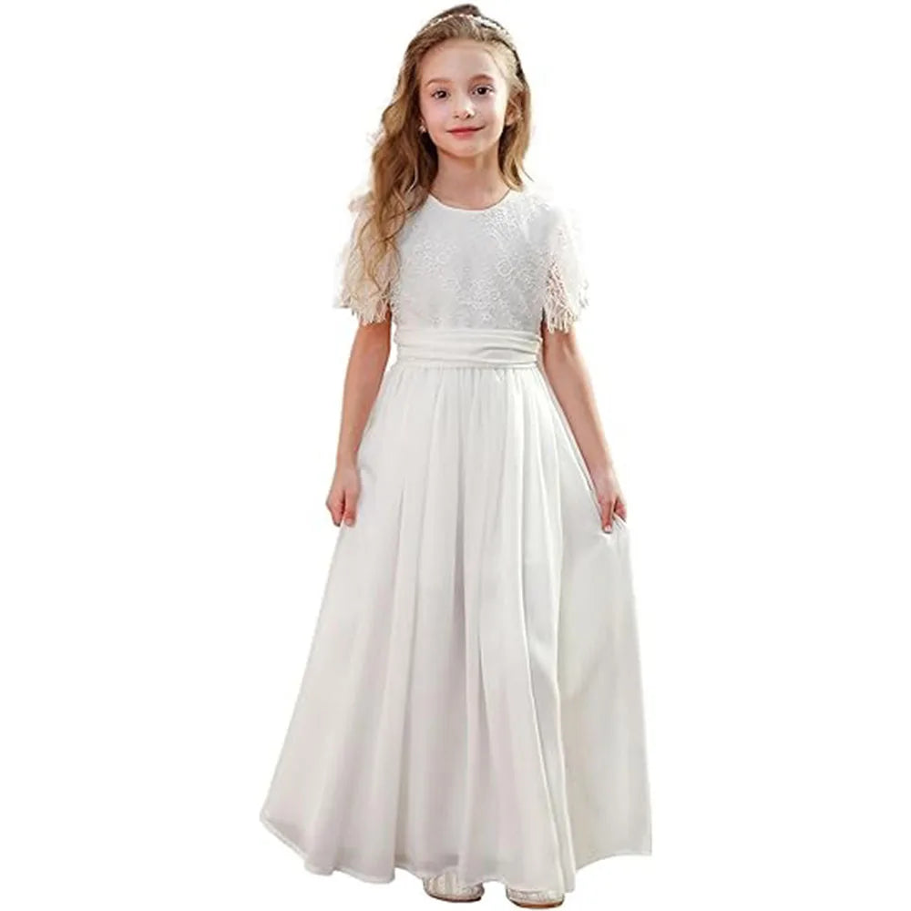 Girls Vintage Chiffon Lace Ruffle Sleeve A-Line Wedding Party Little Bridesmaid Dress