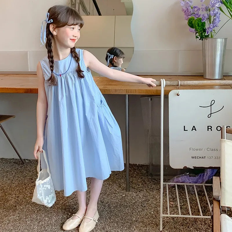 Ana Summer Junior Girl Sleeveless Dress Solid Side Cotton Dress