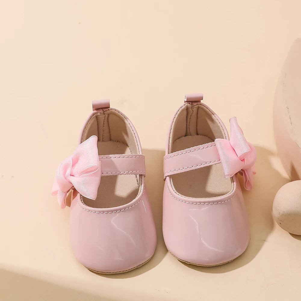 Baby Girls Bow Mary Jane Shoes Soft Non Slip Sole Magic Tape Lightweight Infant Pre Walker Newborn Crib Shoes For Daily Party We