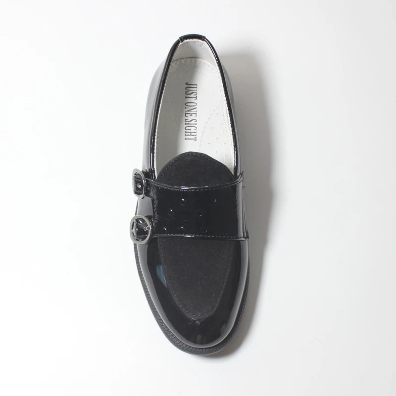 Boys Shoes Children Leather Loafers For Big Kids Teenagers Boy Formal Wedding Shoes British Style Two Buckle Black Size 25-38