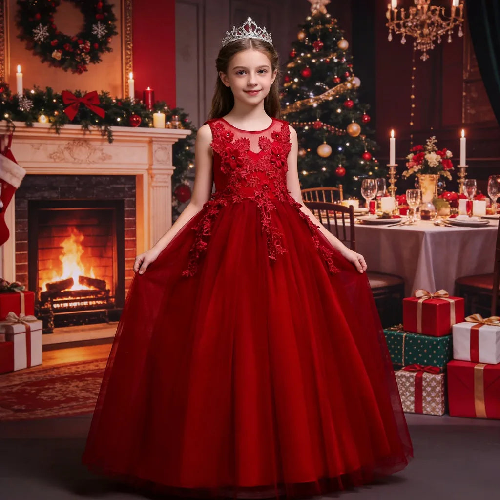 Kids Dresses For Girl Clothes Lace Flower Ball Gown Girls Long Dress For Wedding Prom Party Princess Dresses Teenage Costume