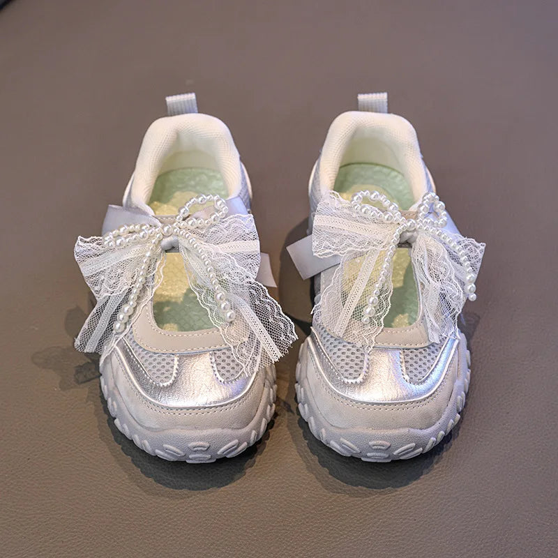 2026 Summer Kids Sport Sneakers for Girl Pearl Lace Mary Jane Flats Lightweight Non-Slip