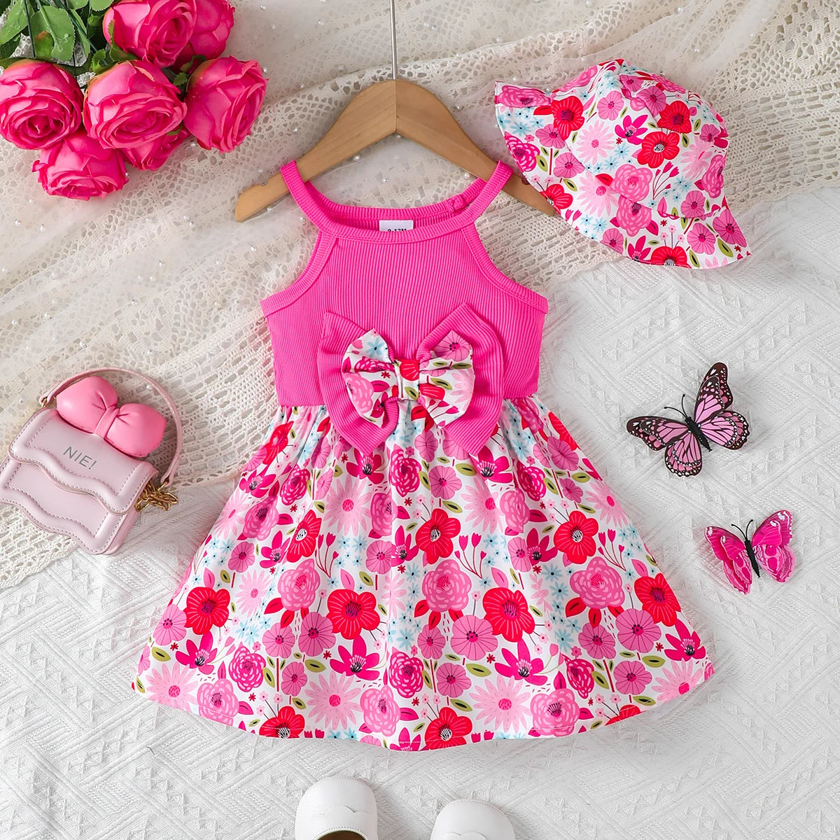 Halo 2Pcs Baby Girl Summer Dress Set with Bow & Hat