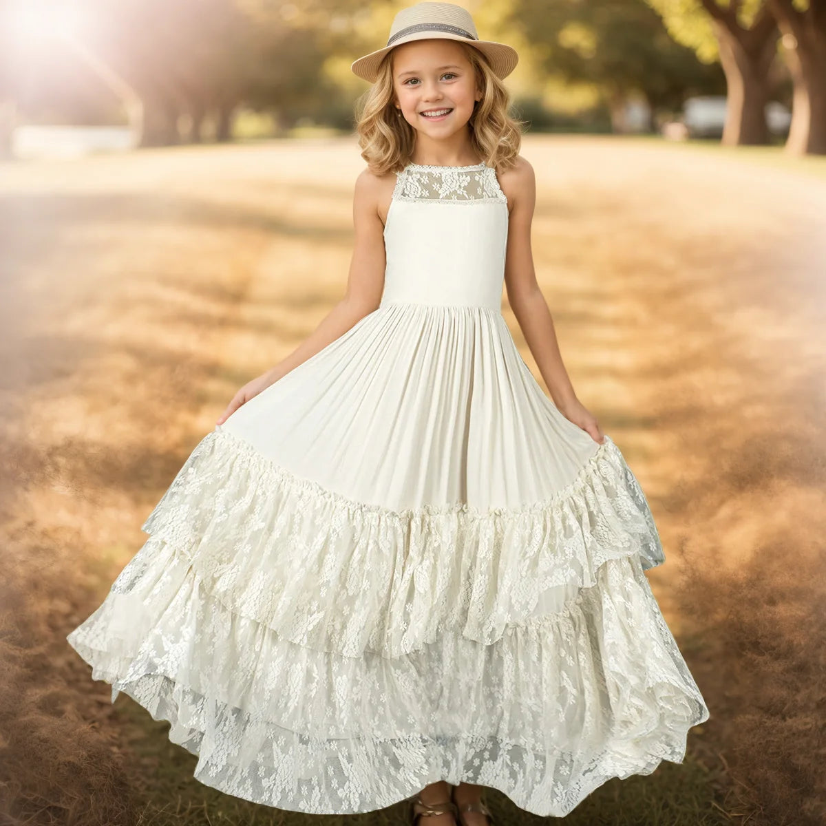 Plus Size Princess Girls Lace Long Dresses Baby Kids Flower Wedding Party