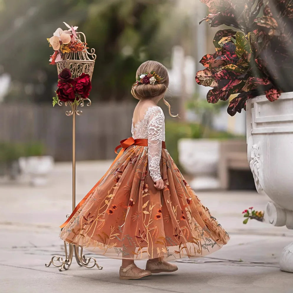 Children Girls Wedding Dress Crochet Lace Embroidery Kids Clothing Wear