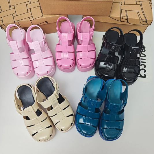Women's Jelly Shoes Adult Girls Hollow Toe High Heels Roman Sandals Ladies Non-slip
