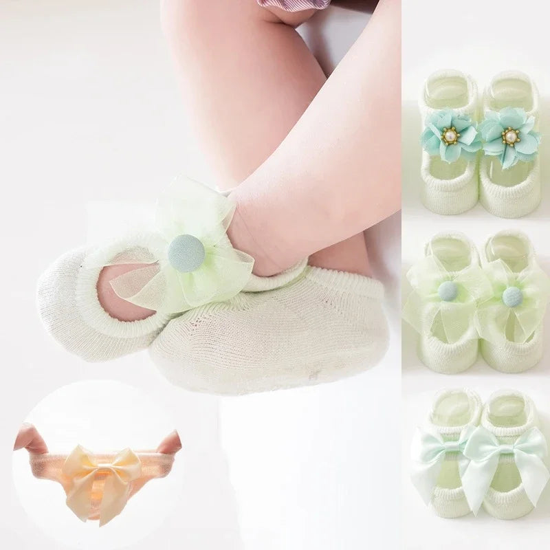 3 Pair Baby Girl Ankle Socks Lace Bow Infant Anti Slip Socks Newborn Princess Pearl Low Cut Socks Children Home Floor Shoes