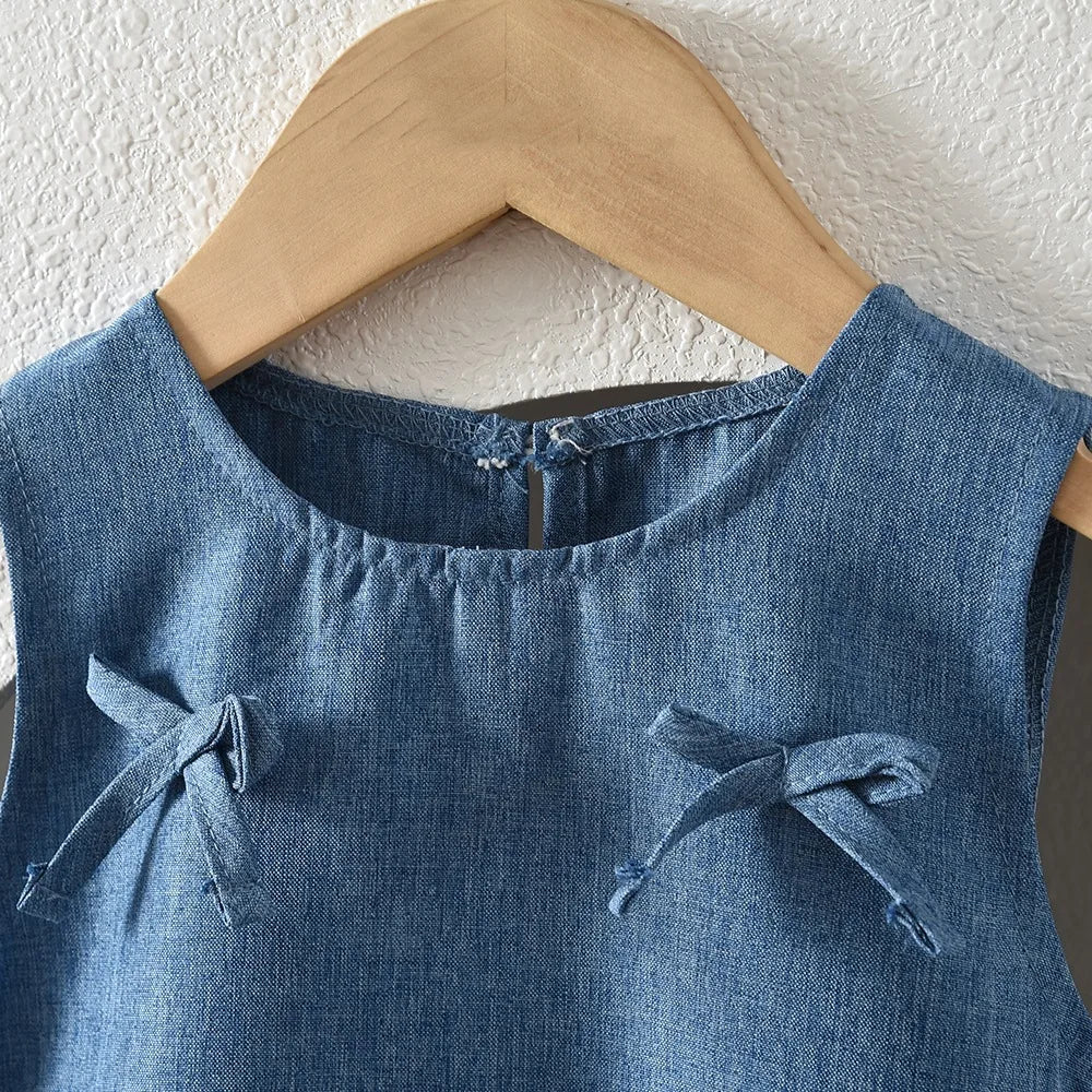 Maren A-line Girls Denim Dress with Bow for 3-7Y Kids