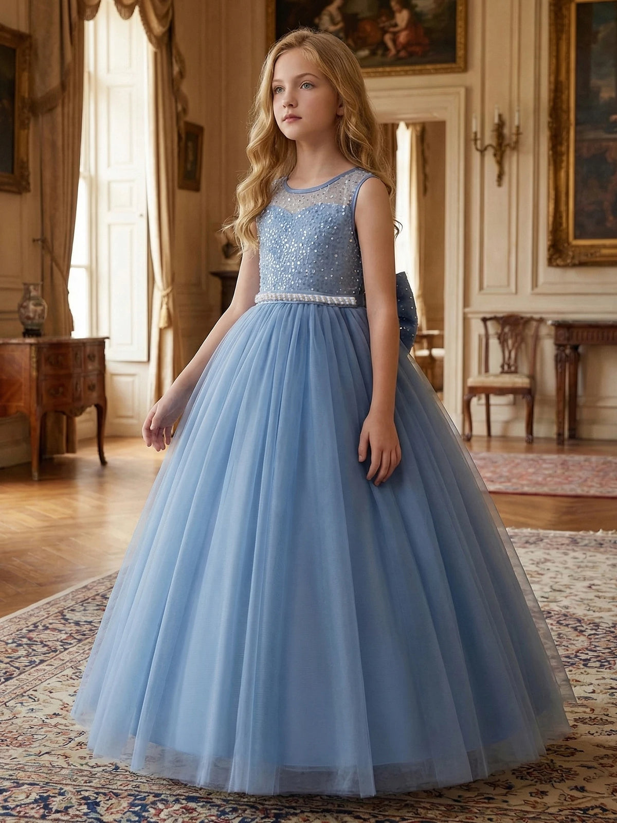 Girl Party Dress Pink Long-style Evening Dress with Large Bow V-neck A Magnificent Evening Dress, Birthday Party, Ball, Banquet