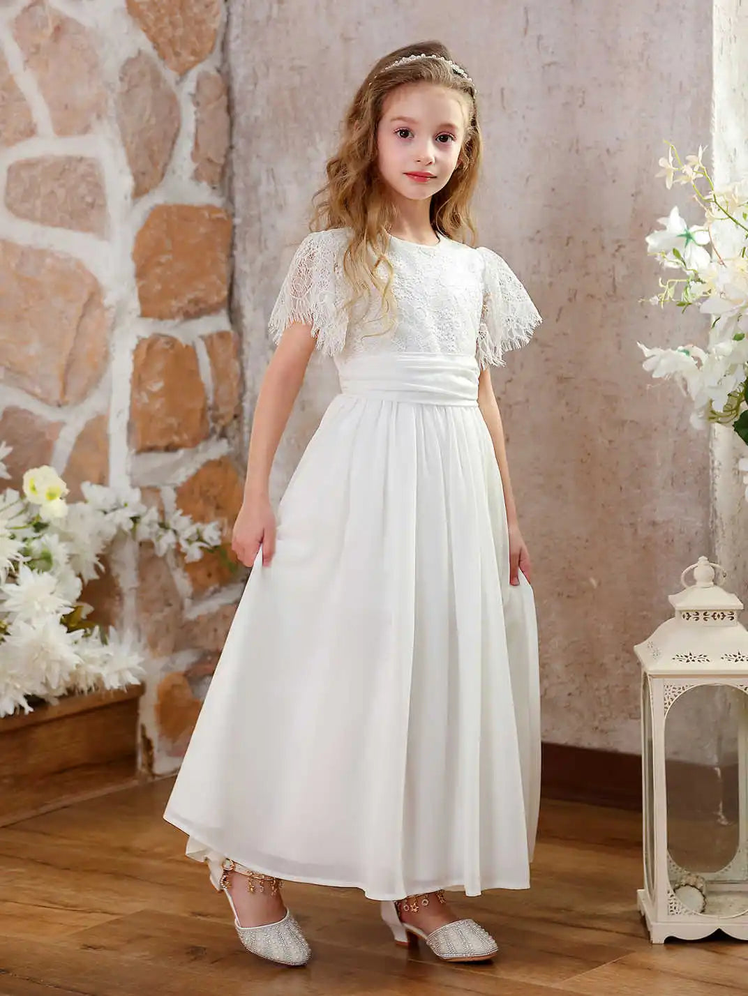 Girls Vintage Chiffon Lace Ruffle Sleeve A-Line Wedding Party Little Bridesmaid Dress