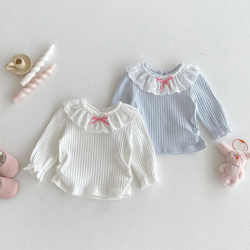 Alice Collar Ribbed Sweet Bowtie Frilly Neck Top