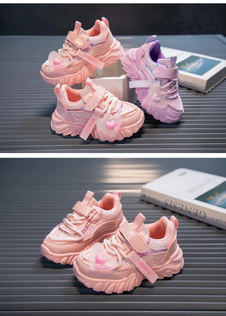 Girls Sports Shoes Kids Running Sneakers for School Fashion Cute Shiny Non-slip Children's