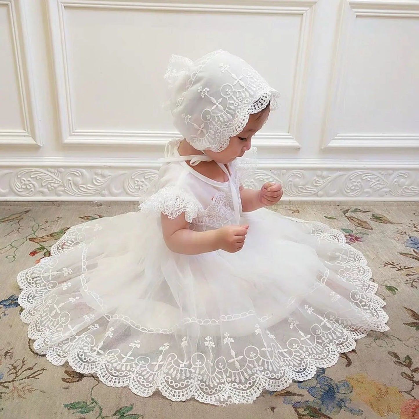 Lila Baby Girls Baptism Dress - Lace Crochet O Neck Dress