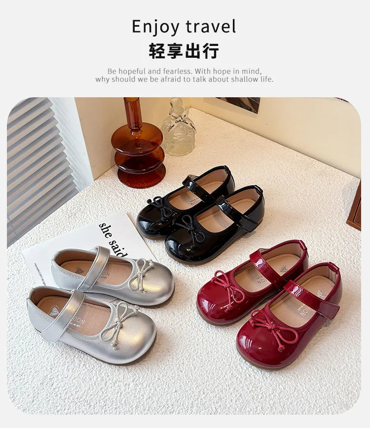 Girls' Princess Shoes Spring  Autumn New Fashion Bow PU Leather Loafer Non-slip School Student Loafer Flats