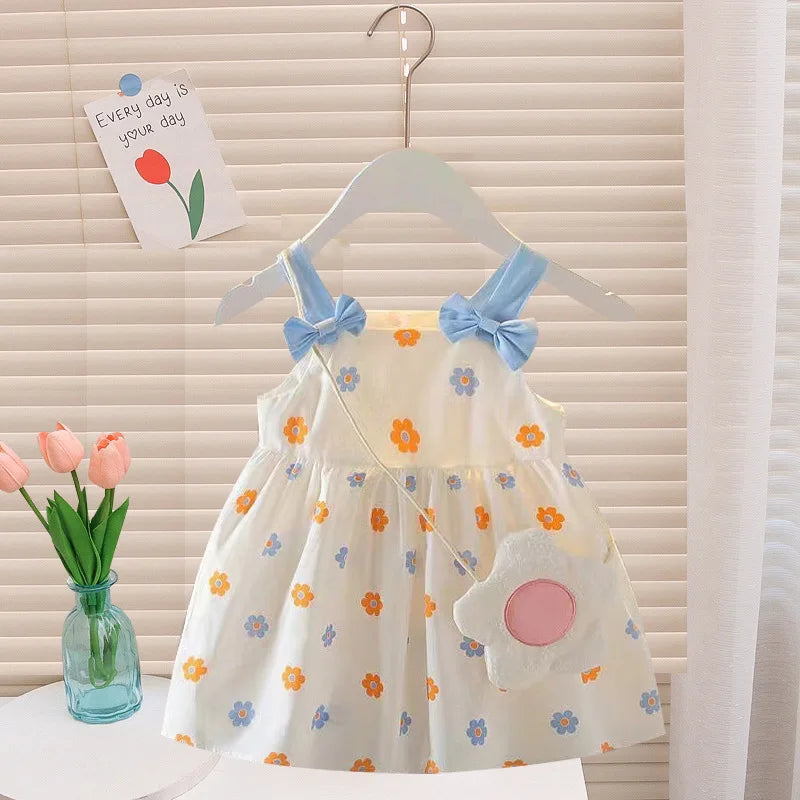 Summer Baby Girls' Dress New 2PCS/Set Cute Bag Kids Fresh Floral Bow Dress