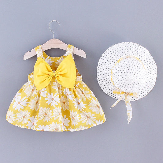 Baby Girl Dress Summer Bow And Full Print Daisy Pattern Suspender Beach Baby Dresses