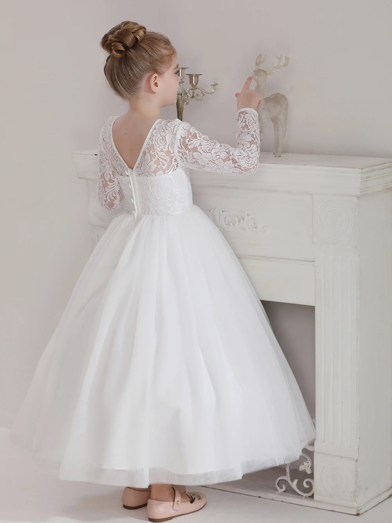 Girls' Teenage Long Sleeve Lace Dress Wedding White Bridesmaid  Gown Long Dress