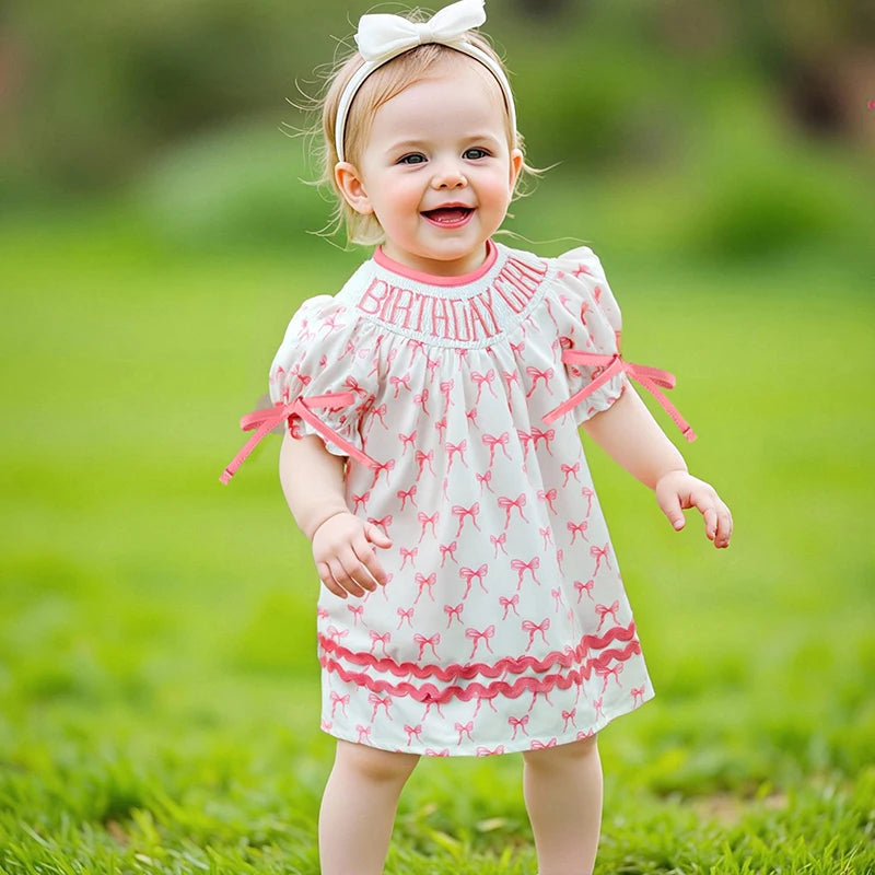 Toddler Girl Birthday Dress with Puff Sleeves and Embroidered Letters
