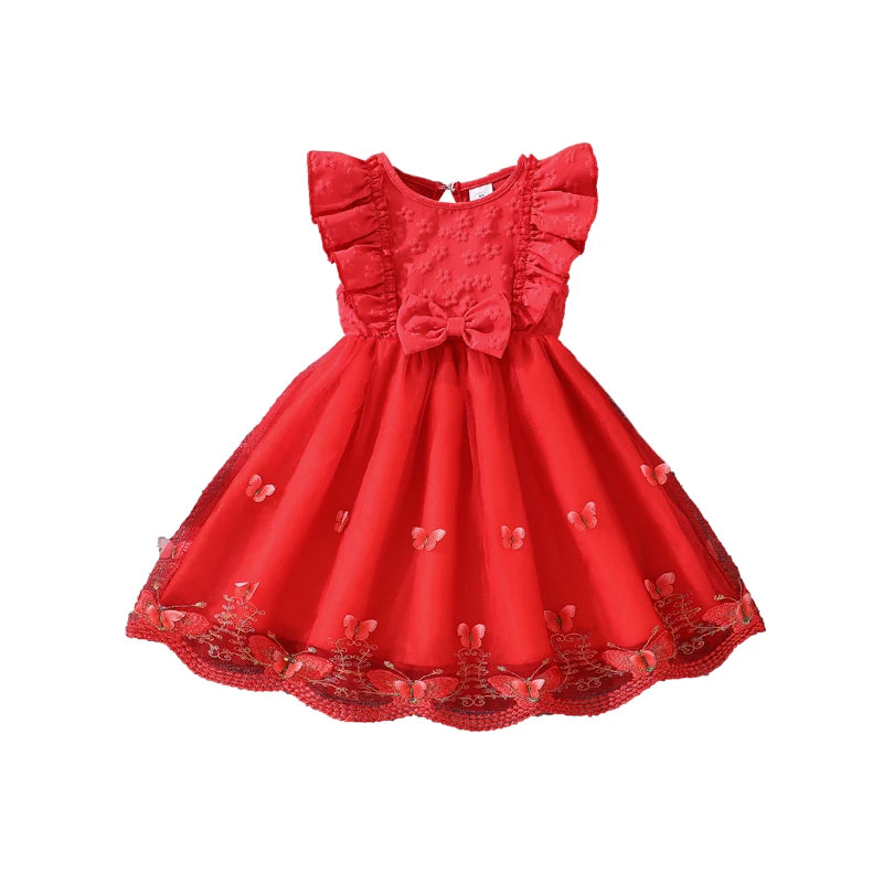 Dress For Girls Yellow O-Neck Fly-Sleeve Tulle Bowknot