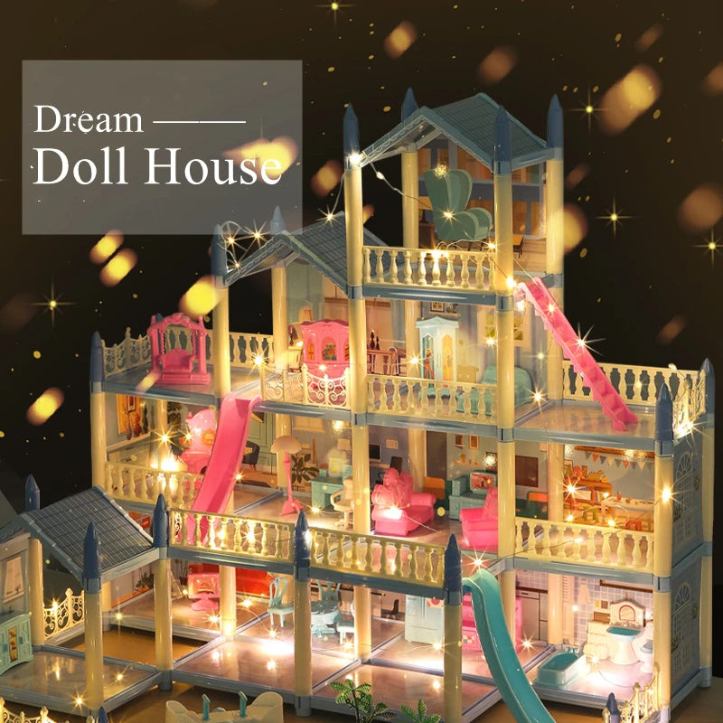 Girls Toddler Doll House - Large Doll House with 4 Dolls, Furniture, Accessories, LED Lights, 4 Stories Princess Dream House Toy