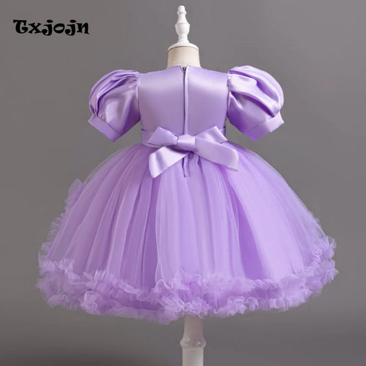 Girl's Dress 3-14 Years Old Girl's Bow Princess Dress Sequined Puff Sleeve Mesh Dress