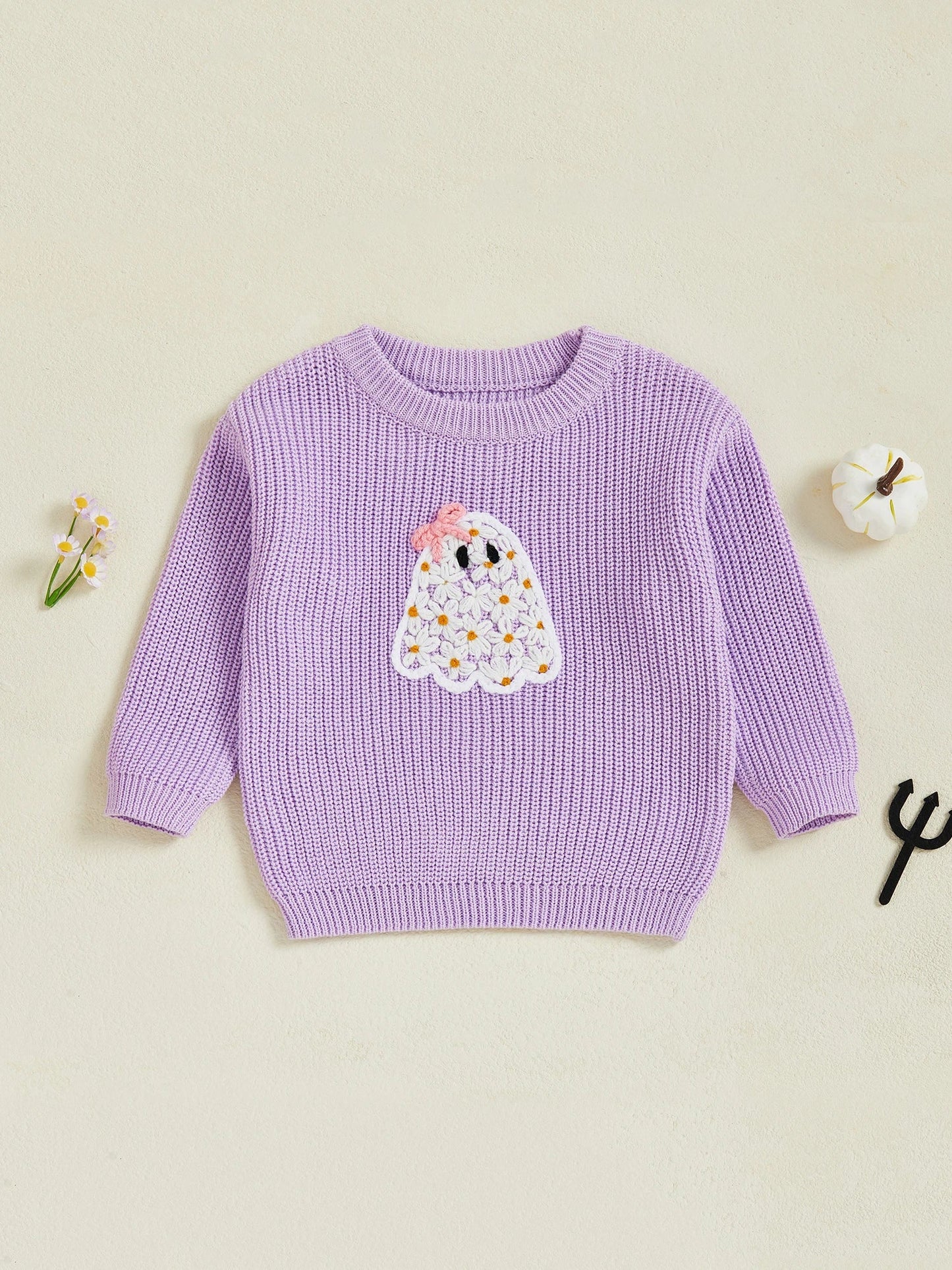 Kimberly Girl Halloween Sweater Long Sleeve Round Neck Ghost