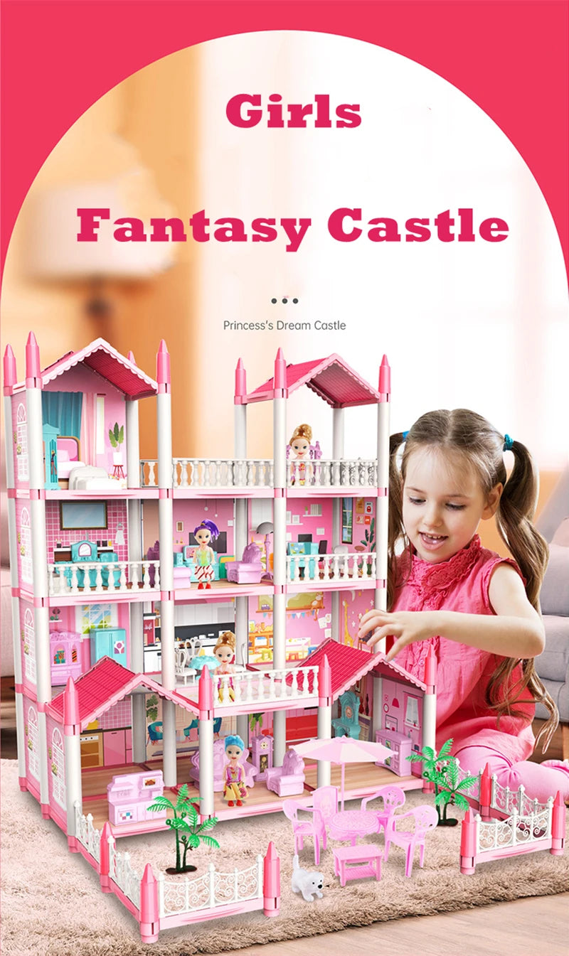 Girls Toddler Doll House - Large Doll House with 4 Dolls, Furniture, Accessories, LED Lights, 4 Stories Princess Dream House Toy