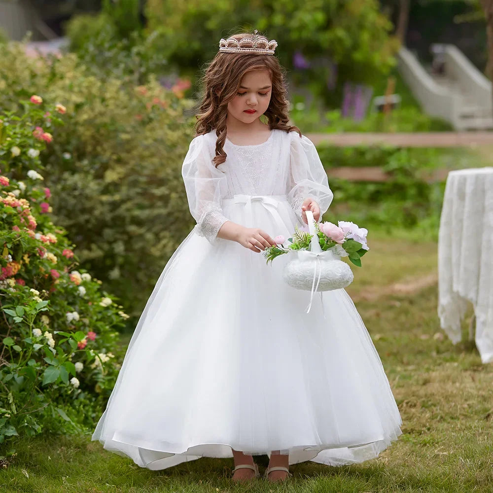 White Bridemaid Girl Dresses Children Costume Bow Lace Pageant Wedding Dress