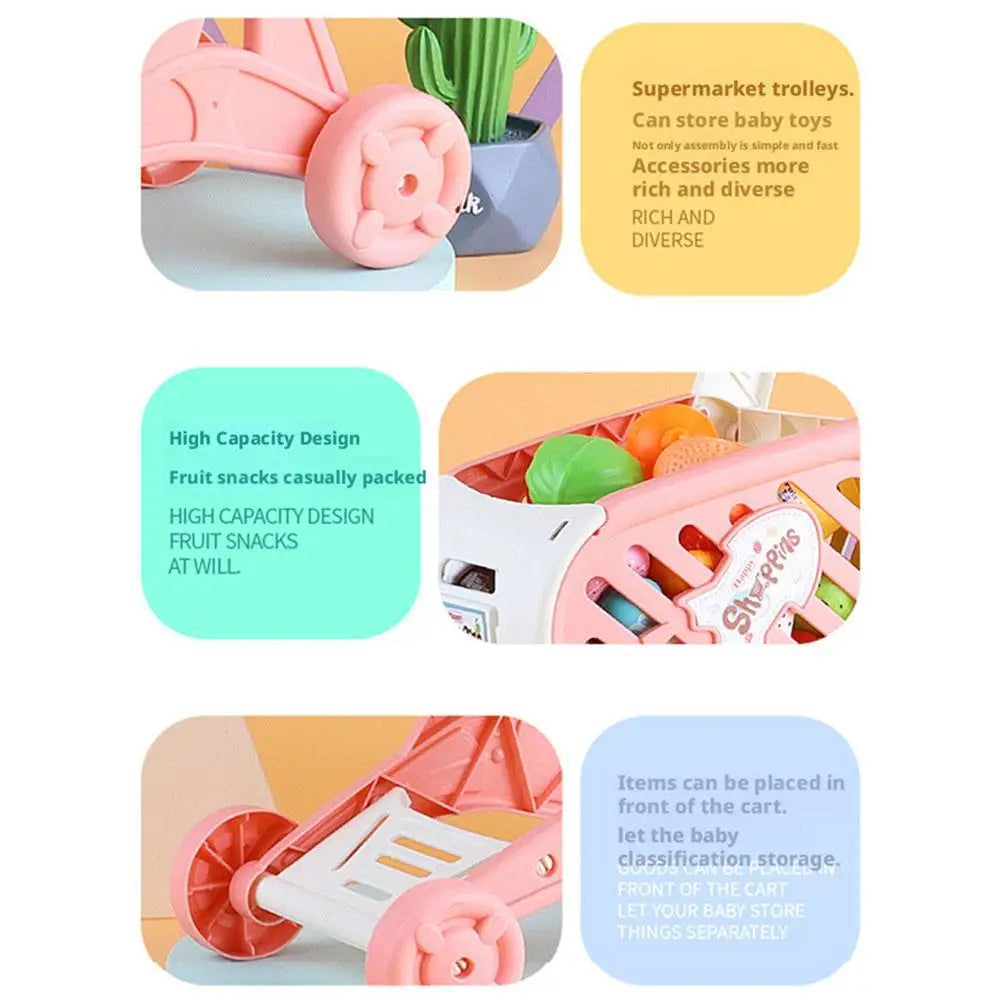 Shopping Cart Toy Baby Small Trolley Children Play House Fruit Cut Music Kitchen Supermarket