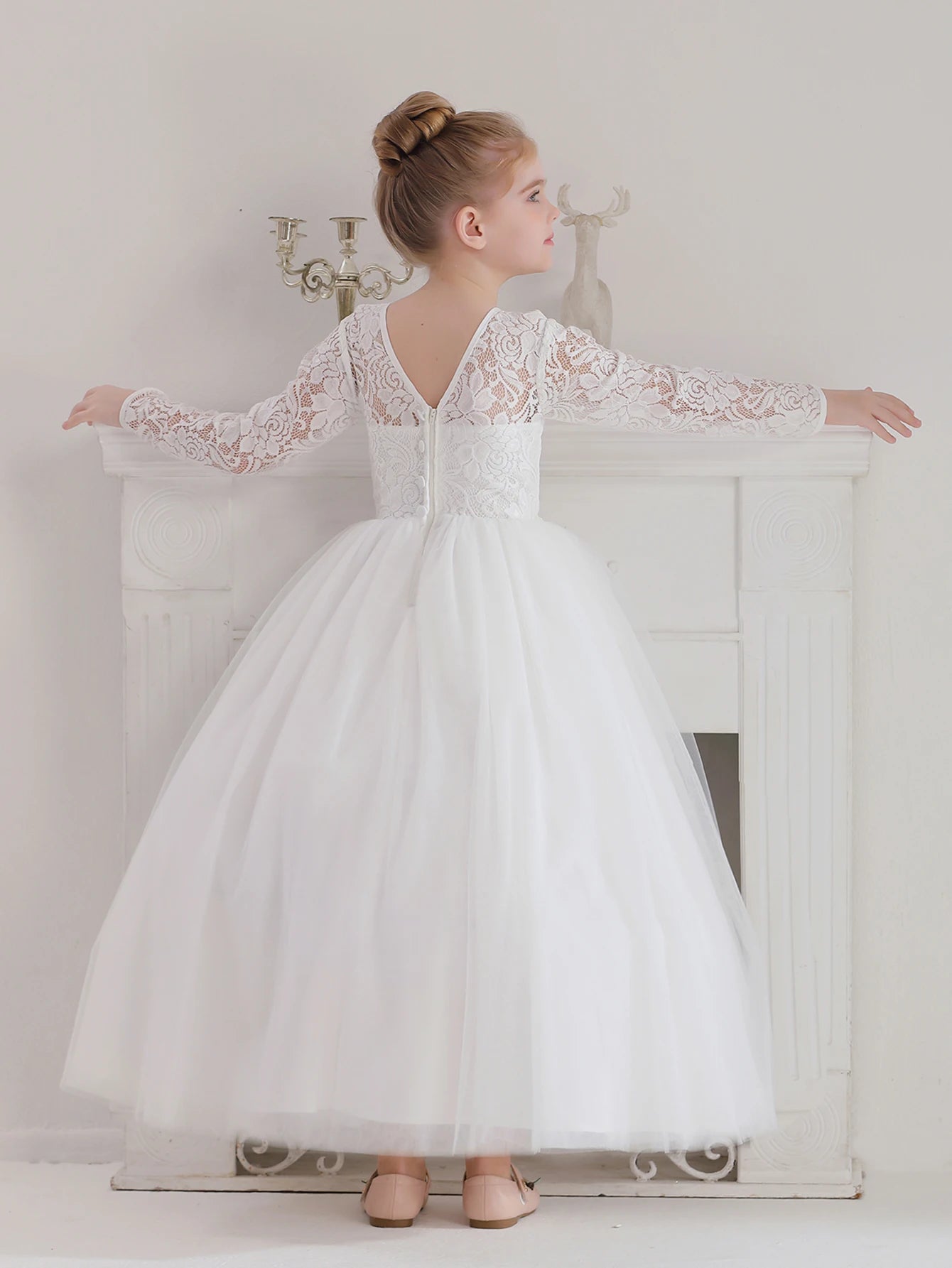 Girls' Teenage Long Sleeve Lace Dress Wedding White Bridesmaid  Gown Long Dress