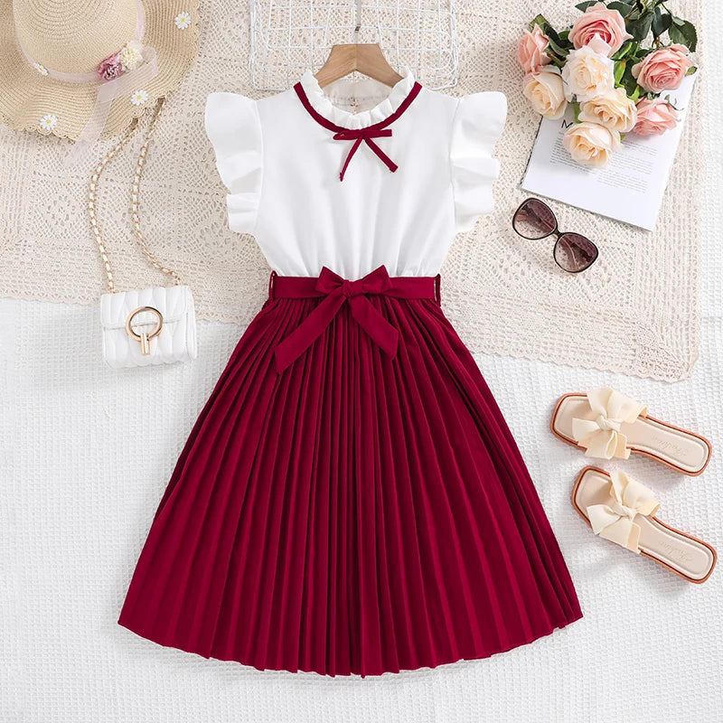 Emma Kids Dress for Girls with Pleated Skirt and Bow Tie