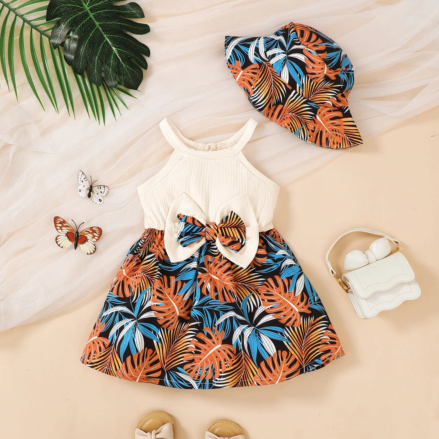 Halo 2Pcs Baby Girl Summer Dress Set with Bow & Hat
