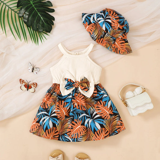 Halo 2Pcs Baby Girl Summer Dress Set with Bow & Hat